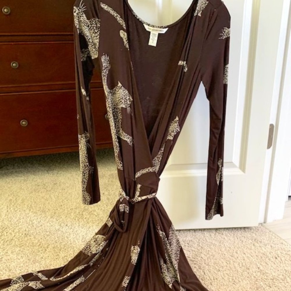 DVF brown and white cheetah print wrap dress